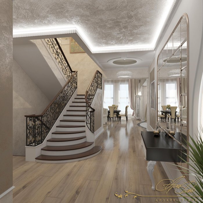 Лестница в гостиной со вторым светом