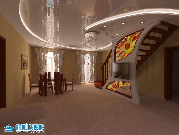 Натяжные потолки в гостиную с лестницей