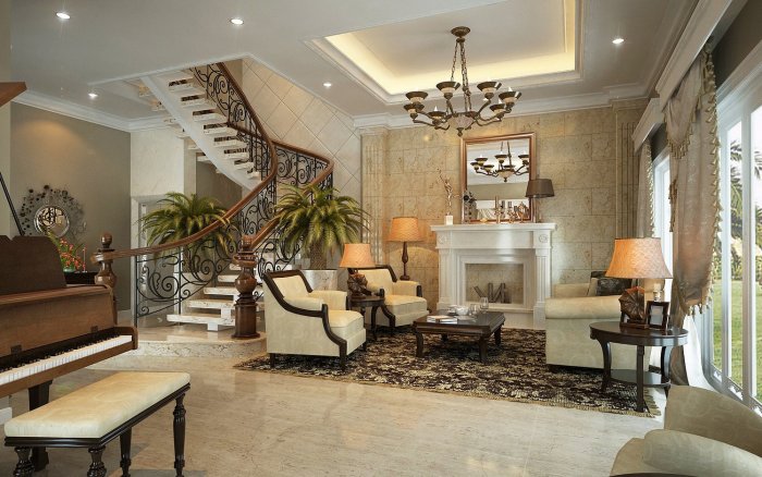 Гостиная с лестницей в частном доме