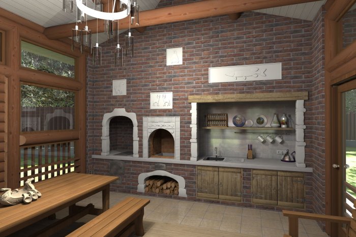 Летняя кухня с барбекю и русской печью