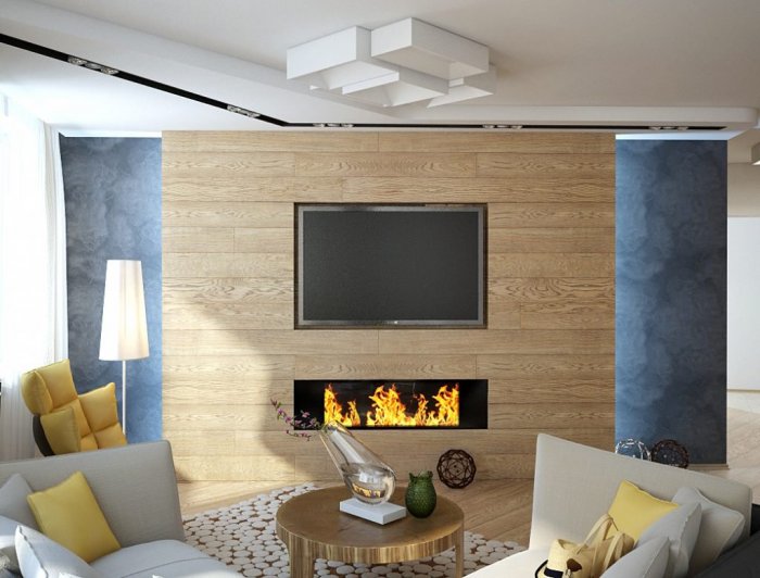 Ламинат на стене в гостиной