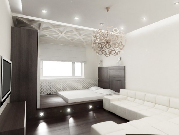 Гостиная со спальней темный пол светлые стены