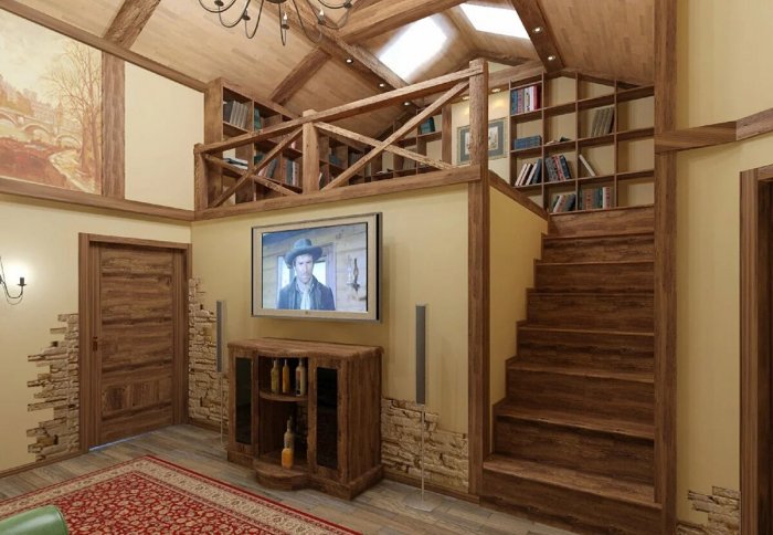 Гостиная с антресолью в частном доме