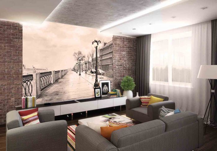 Интерьер с фотообоями в зале