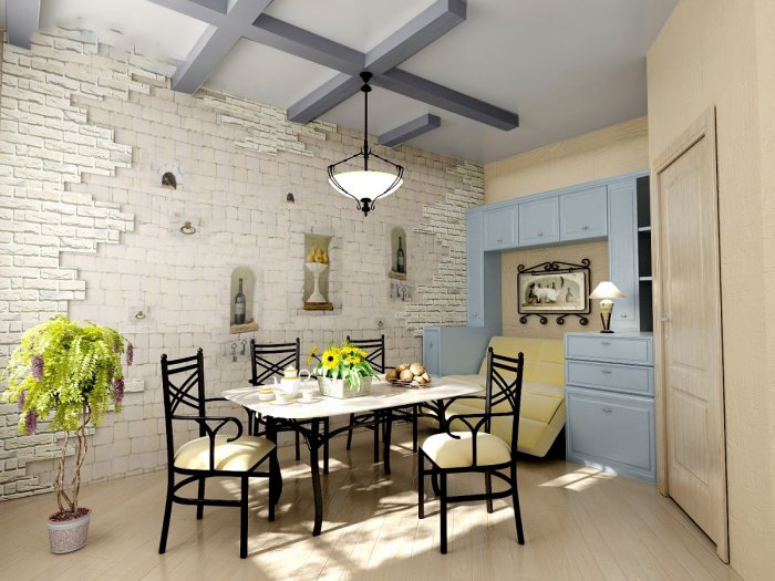 Белая кирпичная стена в интерьере кухни