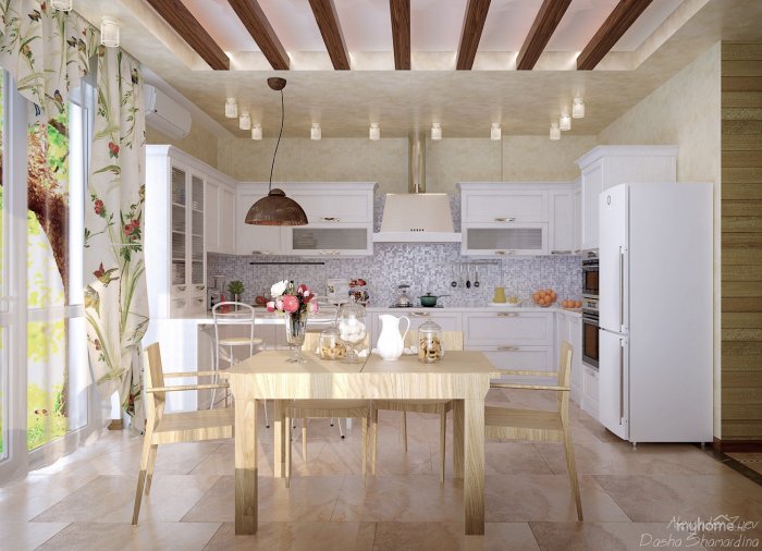 Кухня студия в стиле Прованс в частном доме