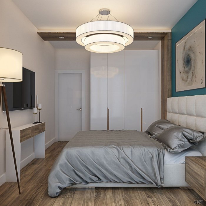 Интерьер маленькой спальни с двуспальной кроватью