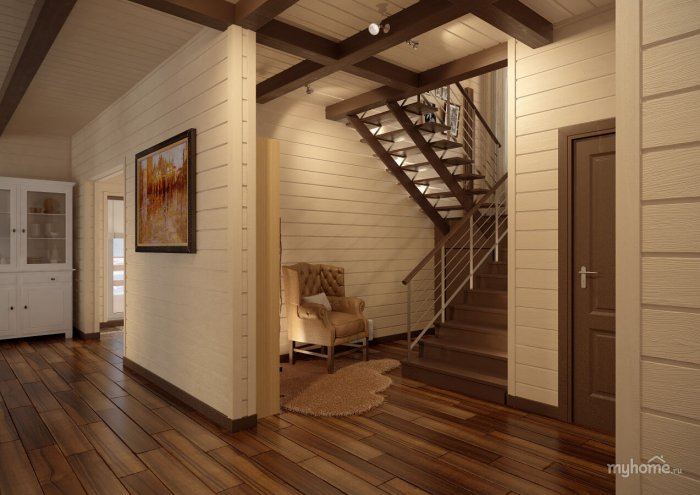 Интерьер холла в брусовом доме
