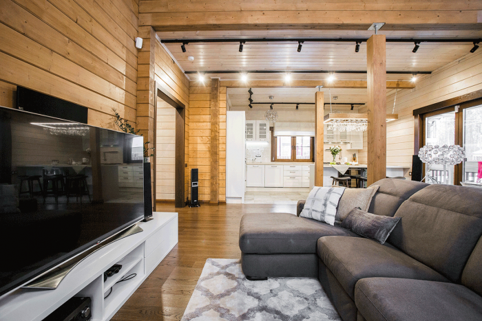 Гостиная в стиле лофт в деревянном доме