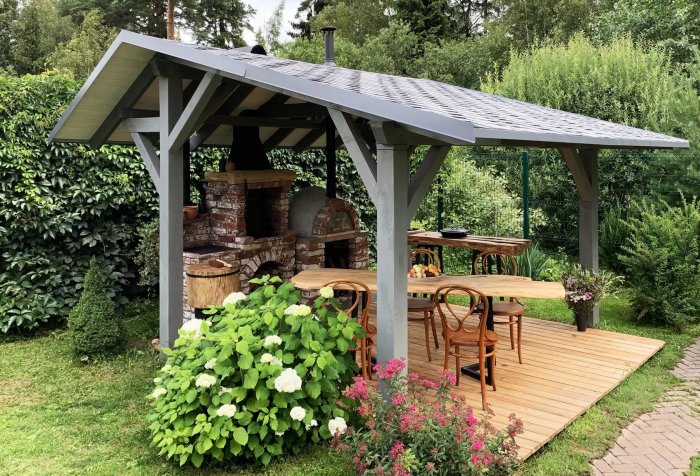 Навес под барбекю с беседкой