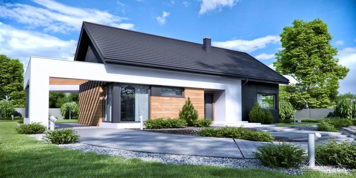 Современный одноэтажный дом с двухскатной крышей