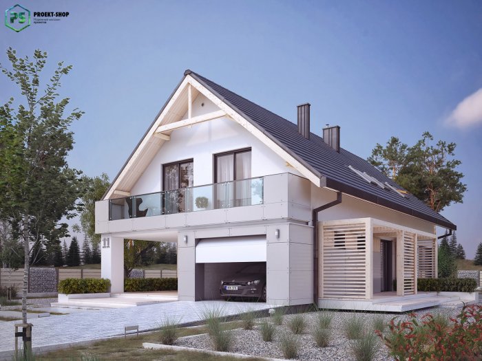 Двухэтажный дом с двускатной крышей