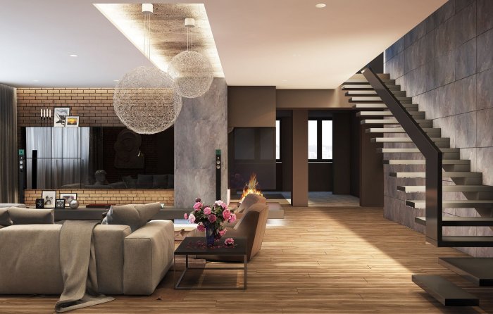 Интерьер гостиной в таунхаусе