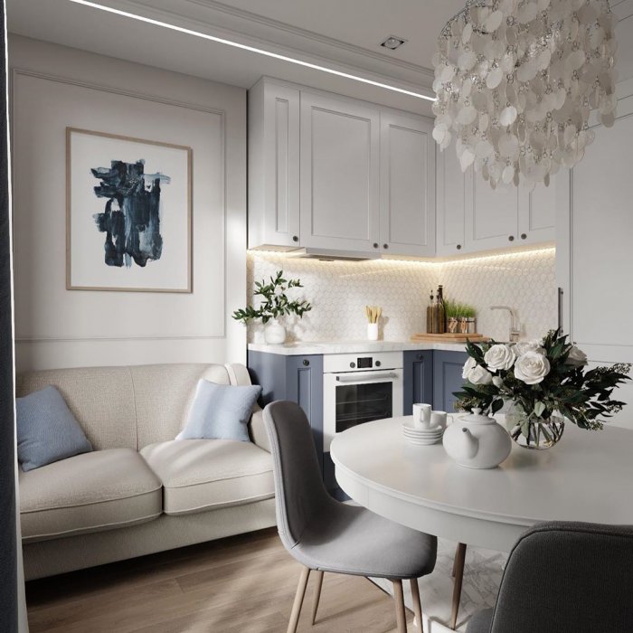 Маленькая кухня гостиная с диваном