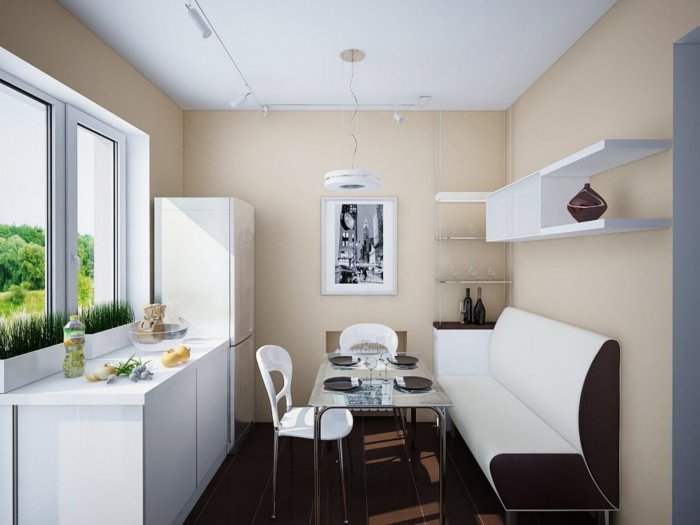 Интерьер маленькой кухни с диванчиком