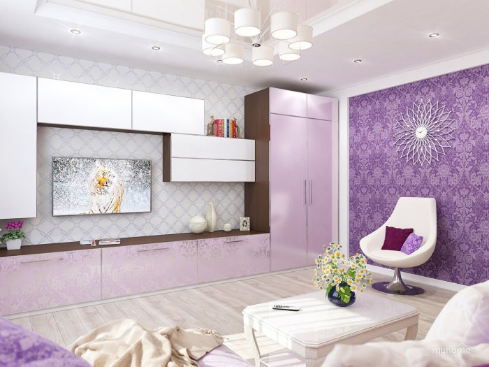 Гостиная в бело фиолетовых тонах