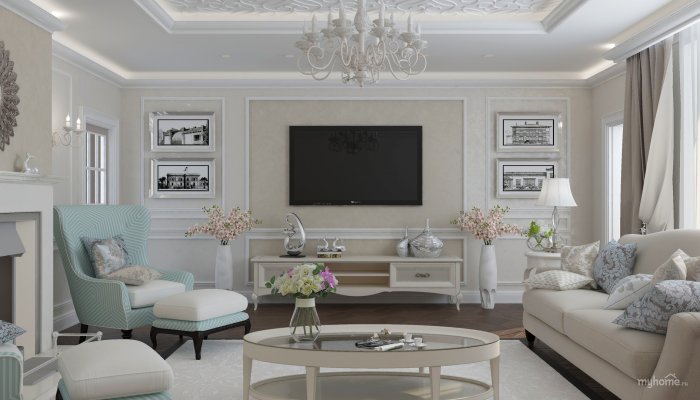Гостиная с молдингами в современном стиле