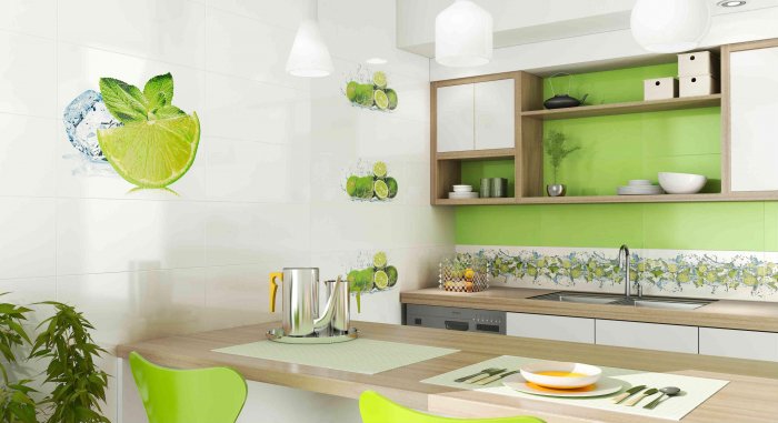 Зеленая плитка на кухне