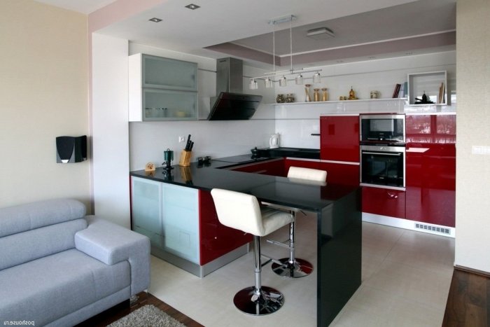 Кухня студия с барной стойкой