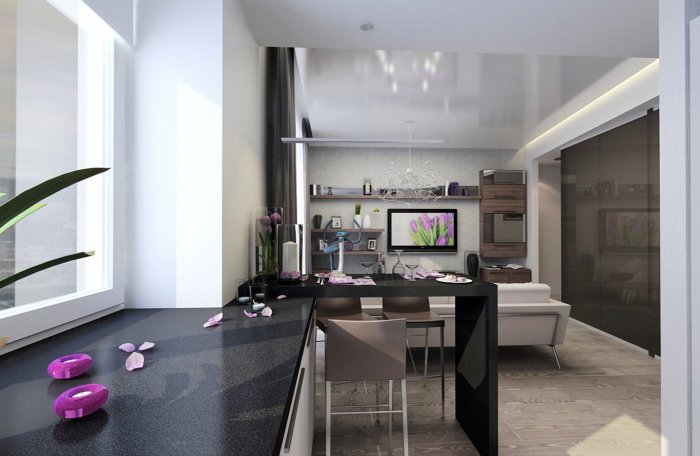 Интерьер студии с барной стойкой