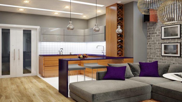 Г образная кухня с гостинной