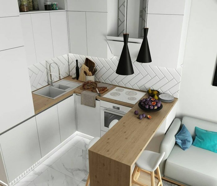 П-образная кухня маленькая с диваном