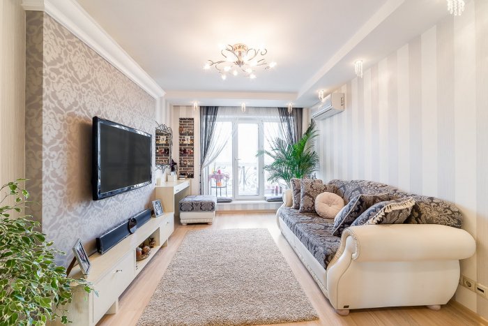 Интерьер прямоугольной гостиной