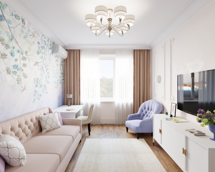 Узкая гостиная в светлых тонах