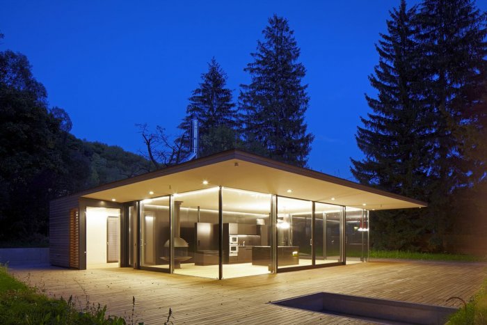 Одноэтажный дом со стеклянным фасадом