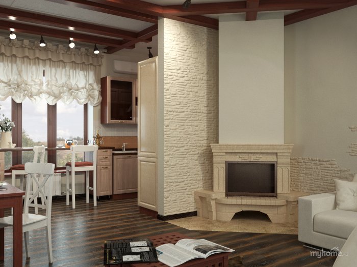 Кухня гостиная с камином на даче