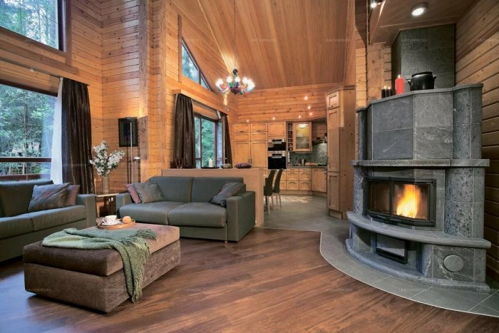 Камин в гостиной в деревянном доме