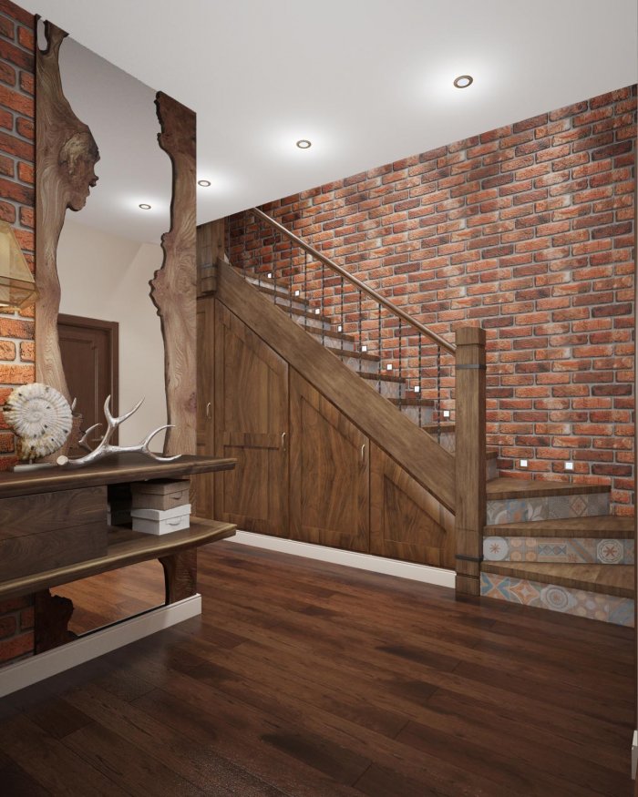 Прихожая с деревянной лестницей