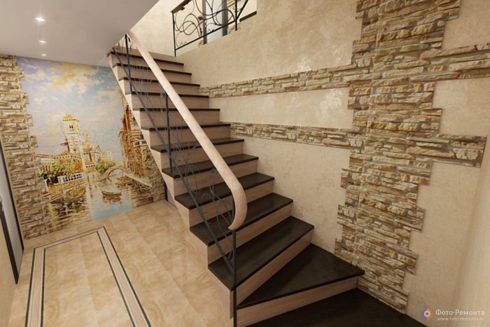 Отделка лестницы декоративным камнем