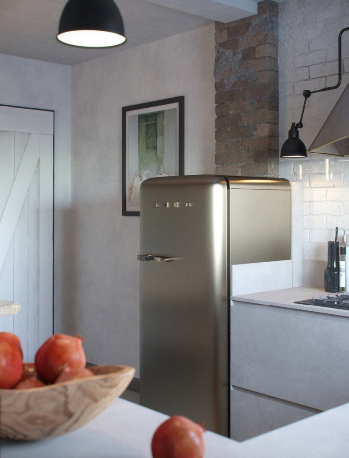 Холодильник Smeg в интерьере кухни лофт