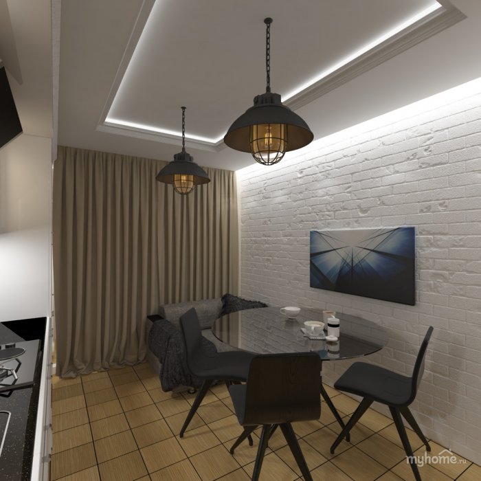 Освещение на кухню из белого кирпича