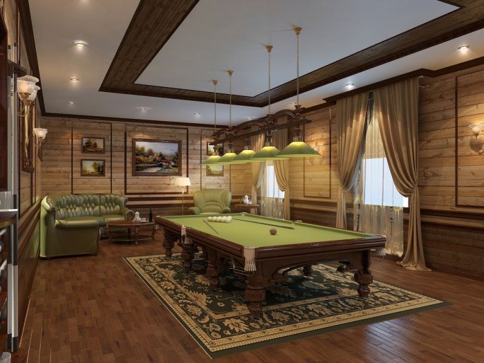 Гостиная с бильярдом и камином