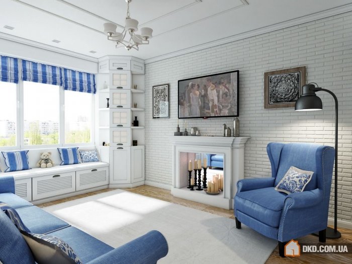 Гостиная в сине белых тонах