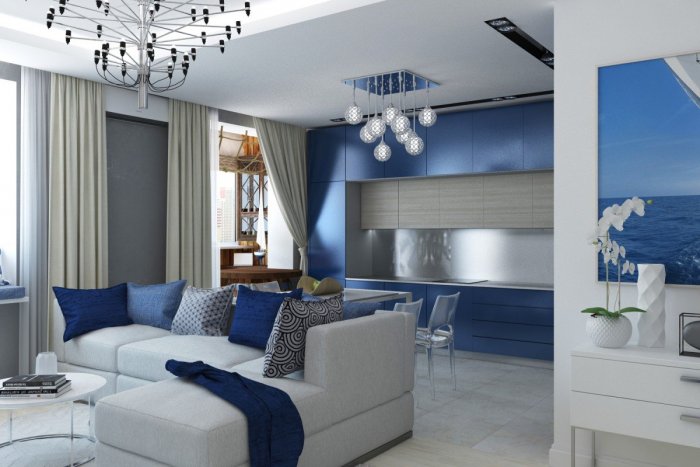 Бело синяя кухня гостиная