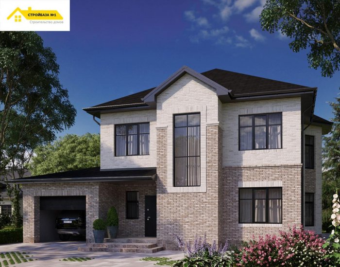 Двухэтажный дом из светлого кирпича