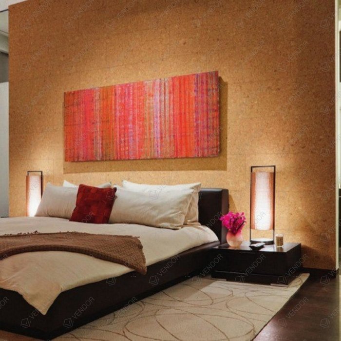 Пробковые стеновые панели в спальне