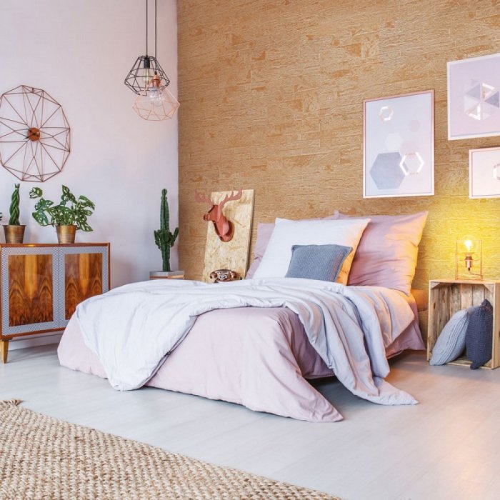 Пробковое покрытие для стен в интерьере спальни