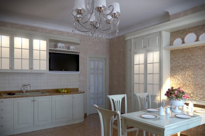 Классическая кухня в светлых тонах в интерьере