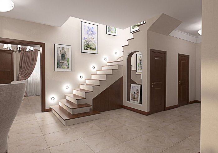 Кухня гостиная с лестницей на второй этаж