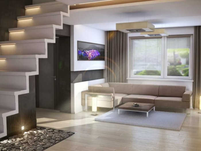 Интерьер зала с лестницей