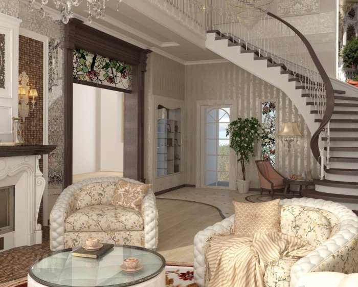 Гостиная с лестницей в частном доме