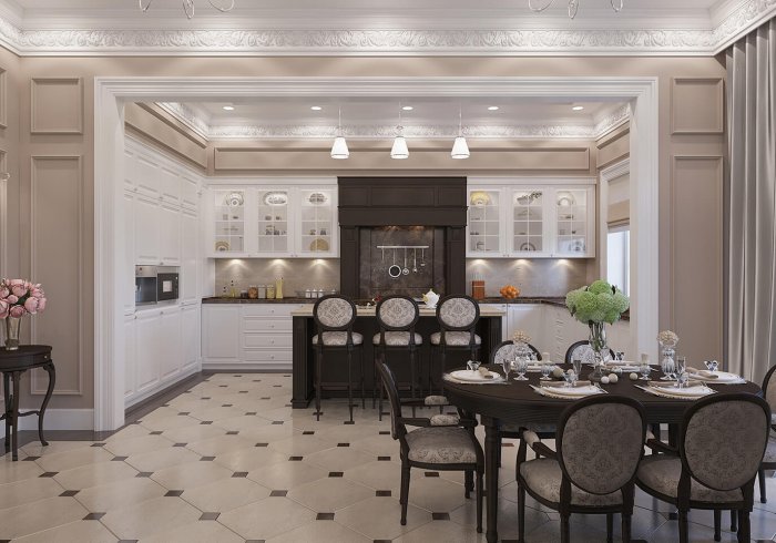 Неоклассика в интерьере кухни столовой
