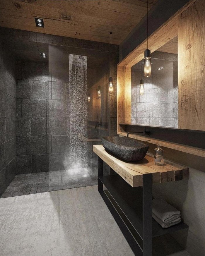 Стиль лофт туалет дерево и бетон