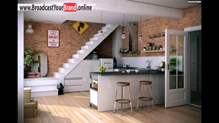 Кухня под лестницей в стиле лофт