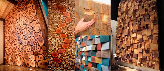 Стена из деревянных спилов