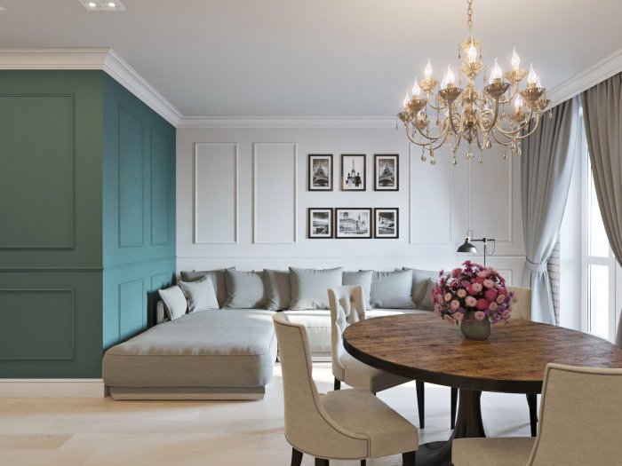 Молдинги на стенах в интерьере гостиной